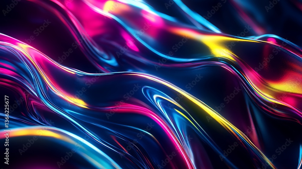 Poster abstract neon waves: dynamic curves and swirls with vibrant light refractions for digital art backgr