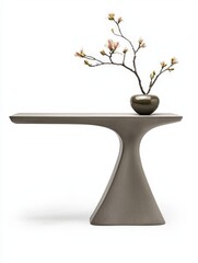 Fototapeta premium Elegant concrete table adorned with flowering branches in a dark vase embodying modern minimalism. Ideal for interior design architecture and home decor themes