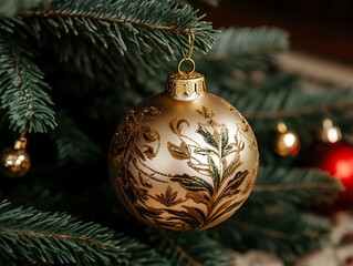 A detailed close up of a decorated golden Christmas ornament