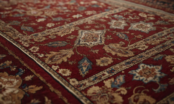 Close-up of a patterned rug. The pattern design includes intricate floral and geometric motifs arranged in a grid-like formation, traditional oriental carpet, ornate appearance.