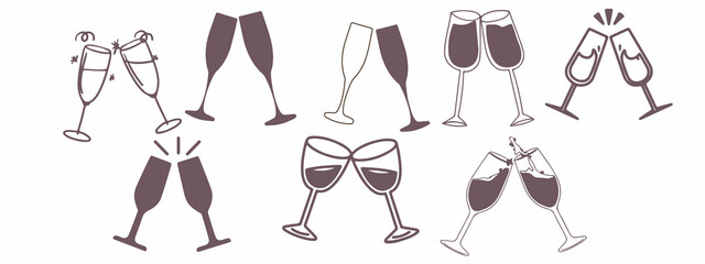 Set of champagne glasses. Collection of silhouette glasses with alcohol bubbles, festive toast....