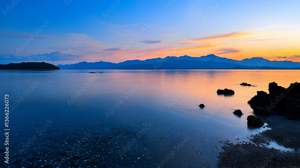 Poster sunset over coastal waters with silhouetted structures and colorful sky reflection