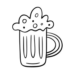 Beer mug icon in doodle style isolated on white background. Beer mug with foam. Vector illustration