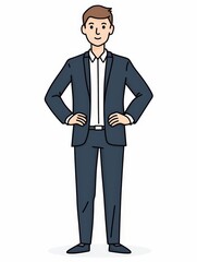 Obraz premium Cartoon man in suit with hands on hips and smiling, symbolizing confidence and authority. Perfect for leadership, corporate success, and professional development visuals.