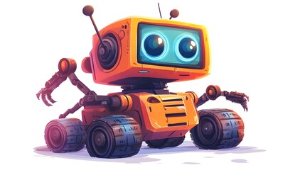 Fototapeta premium Colorful Cartoon Funny Groovy Robot Character on Wheels - Playful Droid Illustration for Children