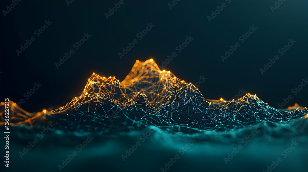 Poster abstract digital visualization of network data lines forming mountainous terrain with blue and orang