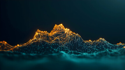 Abstract Digital Visualization Of Network Data Lines Forming Mountainous Terrain With Blue And Orange Lighting