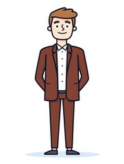 Obraz premium Cartoon man in brown suit smiling confidently, symbolizing approachability and trust. Perfect for corporate service, web design, and business communication materials.