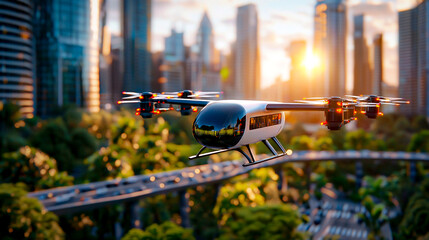 Autonomous Air Vehicle Flying Above Green City Landscape at Sunset with Modern Architecture and Futuristic