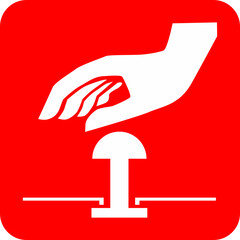 Red emergency sign, hand pressing a button,   emergency stop or alarm activation system

