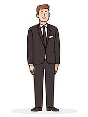 Obraz premium Cartoon man in business suit smiling confidently, symbolizing professionalism and career success. Perfect for corporate presentations, leadership, and executive branding.