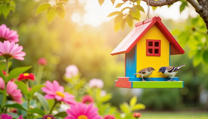 Colorful birds interacting at vibrant bird feeder, joyful morning scene