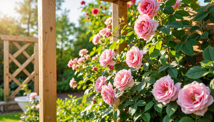 Fototapeta premium Climbing roses blooming on trellis in morning light, romantic garden