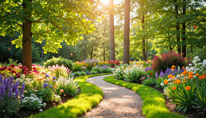 Obraz premium Enchanting garden path winding through blooming flowers, nature's beauty