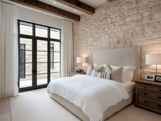 Luxurious bedroom interior featuring stone wall, exposed wooden beams, french doors opening toward serene outdoor patio space