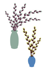 Bouquets of spring willow branches with fluffy buds in vases
