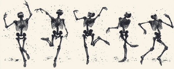 Halloween dancing spooky skeletons in halftone pattern, different funny poses. Human bones as ballerina in dotted texture.  illustration in grungy festival