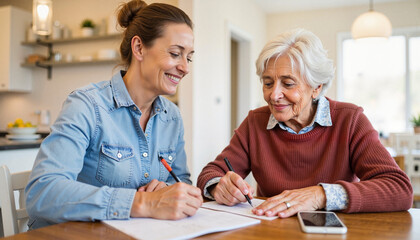 Obraz premium Caregiver assisting elderly woman in letter writing at home, heartfelt connection