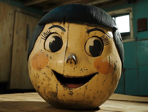A weathered vintage doll head showing a smiling expressive face