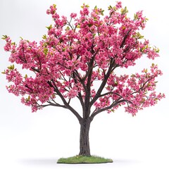 Fototapeta premium A tree is covered in small pink flowers, with leaves. It has brown branches and is standing on green grass.