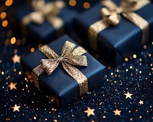 Several wrapped gifts are presented beautifully with festive decorative elements