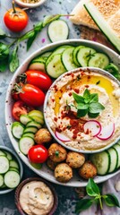 Enjoying a vibrant Arabic breakfast with hummus, falafel, fresh vegetables, and pita bread