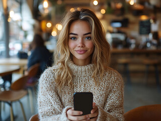 a woman wearing a cozy, beige sweater, holding a smartphone. The background appears to be a warmly lit indoor setting, possibly a café or restaurant, with soft lighting and blurred figures in the back