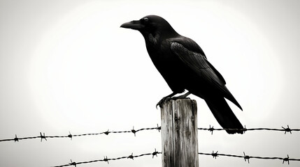 Fototapeta premium Black Raven Perched On Wooden Post With Barbed Wire Fence