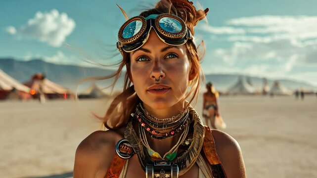 A woman with goggles and intricate jewelry stands serenely in a desert festival landscape.
Concept of Embracing the unusual.
