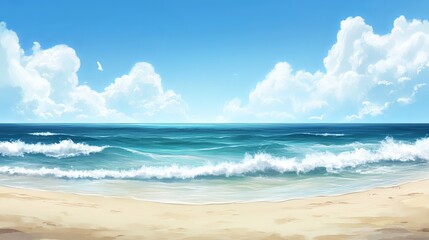 Obraz premium Serene Summer Beach Scene Peaceful Ocean Waves Blue Sky Sunny Day Tropical Paradise Coastal Landscape Tranquil Seascape Idyllic Vacation Background 