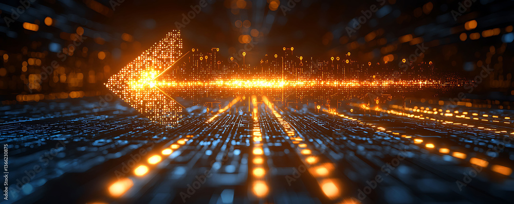 Poster glowing digital arrow points left, symbolizing data flow, progress, or return. abstract cityscape in