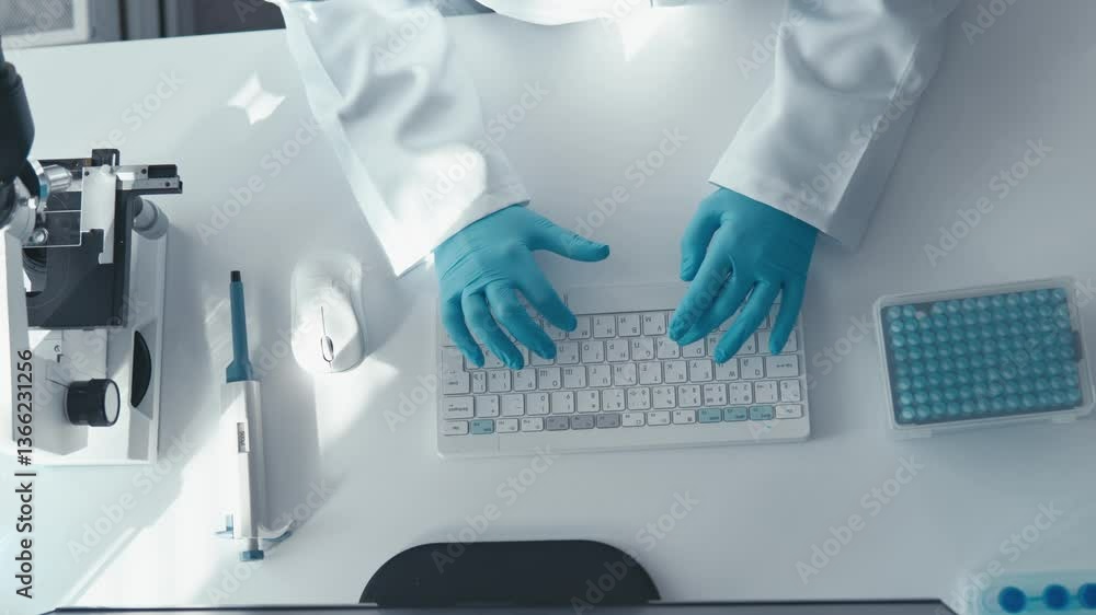 Poster a top-down view of a laboratory workstation, featuring a researcher in blue gloves typing on a keybo