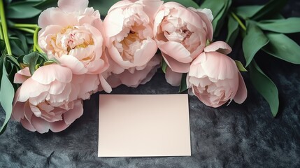A postcard with flowers, a postcard on March 8, a bouquet of light pink peonies in tulip paper with an empty card.Beautiful background.