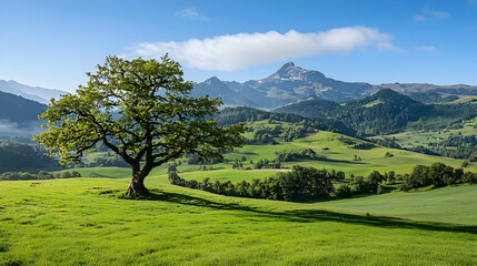 Obraz premium Scenic Landscape Of Green Meadow With Tree Mountain And Blue Sky With Clouds During Daylight