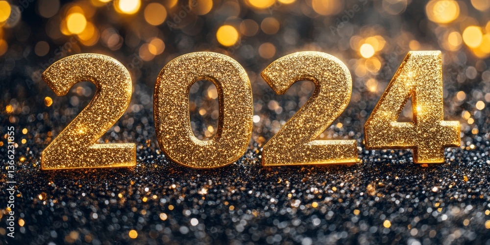 Poster 2024 new year gold progress bar. golden loading bar with glitter particles on black background for c
