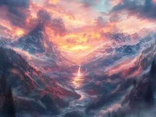 Fototapeta premium A majestic mountain range is seen with colorful sky above