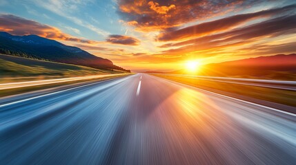 Stunning Sunset Highway Landscape Scenic Road Trip Golden Hour Asphalt Journey Travel Destination Summer Vacation Adventure Open Road Dramatic Sky    