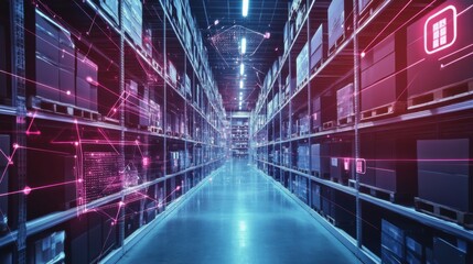 An AI powered system automating supply chain logistics by analyzing inventory data, shipment schedules, and warehouse operations to optimize distribution efficiency