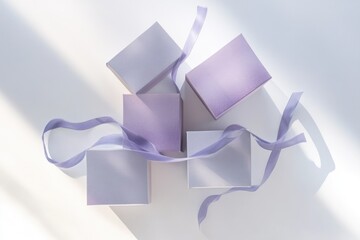 Fototapeta premium Lilac gift boxes with ribbons, arranged artfully on a white background, bathed in sunlight.