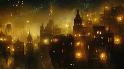 Fototapeta premium Dystopian Metropolis with Dark Skies and Flickering Lights