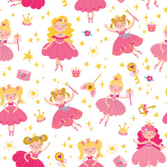 Cute little fairy with wands. Seamless vector pattern in childrens style. Cute ballerina and stars on white background. Good for Fabric, textile, giftware, wallpaper, for book design and more.