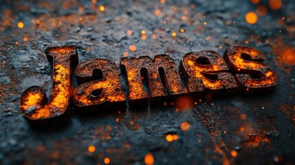 Fiery Dimensional Text Effect Featuring the Name "James" Amidst Sparks