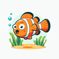 A cartoonish orange fish with big eyes is swimming in a green grassy area