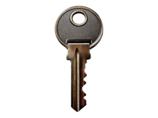 Close-up of a single metallic key against a clean white backdrop.  The key's intricate details are sharply defined, highlighting its textured head and serrated edge.