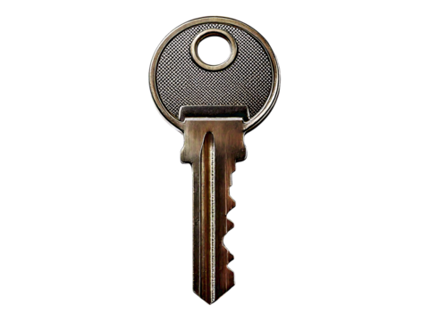 Close-up of a single metallic key against a clean white backdrop.  The key's intricate details are sharply defined, highlighting its textured head and serrated edge.