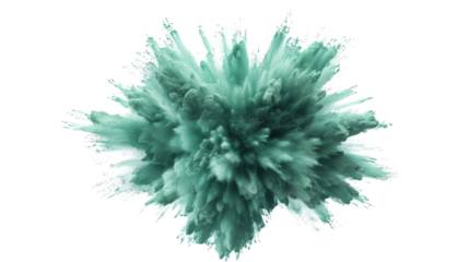 Green powder exploding creating a colorful cloud on transparent background