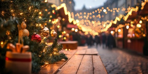 Christmas background - Empty wooden table boards with defocused bokeh Christmas Fair lights on christmas market. Template for product display