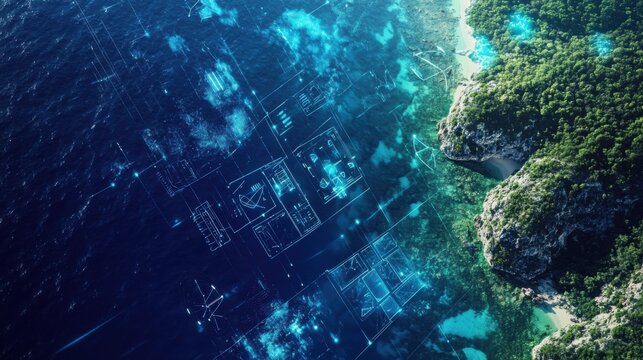 An AI powered system automating the monitoring of ocean pollution by analyzing real time environmental data and satellite imagery, futuristic AI-driven environmental platform, Marine technology style