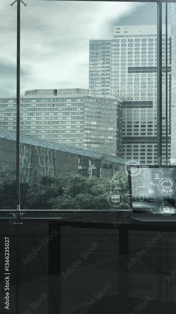 Poster scheme of using cloud technologies on a laptop screen.