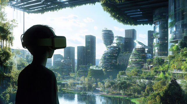 A person wearing a virtual reality headset looks at a futuristic city